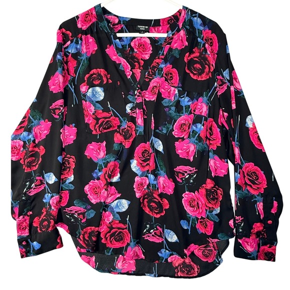 torrid Tops - Torrid Harper Blouse 1 Plus Black Pink Rose Moody Floral Top Long Slv Career